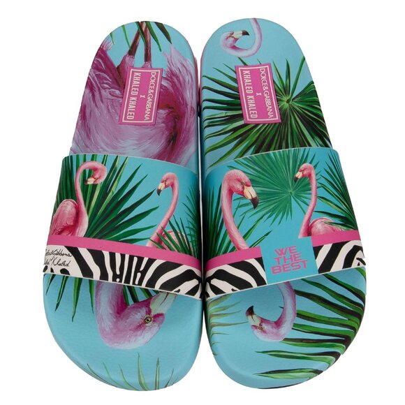 Dolce & Gabbana - DJ Khaled Slides Sandals with Flamingo Zebra Print Blue Pink E - Picture 2 of 5